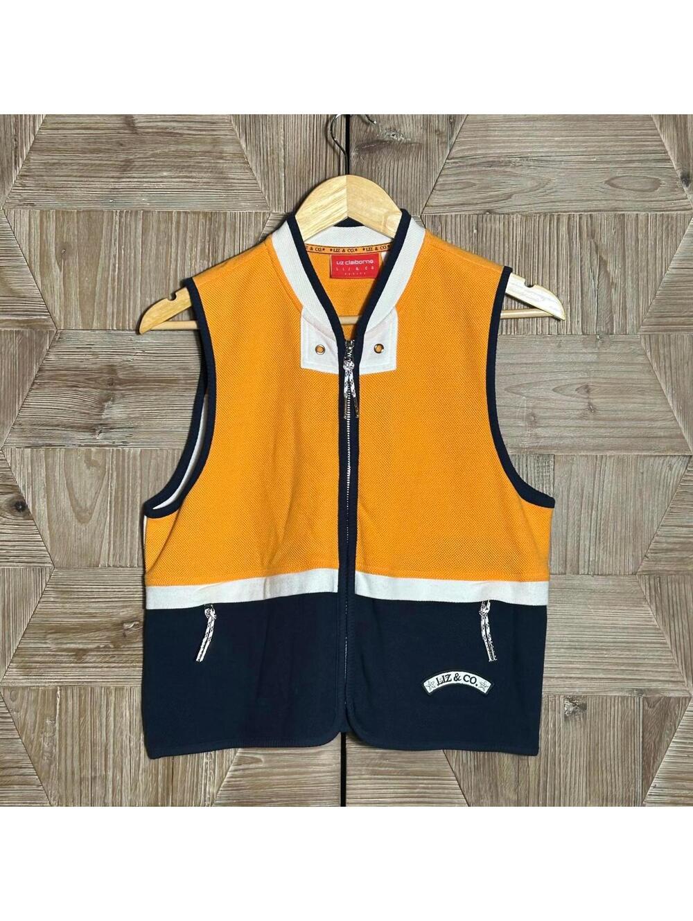 Vintage Liz & Co. Orange Navy Colorblock Sleeveless Petite Small 90s Sportswear